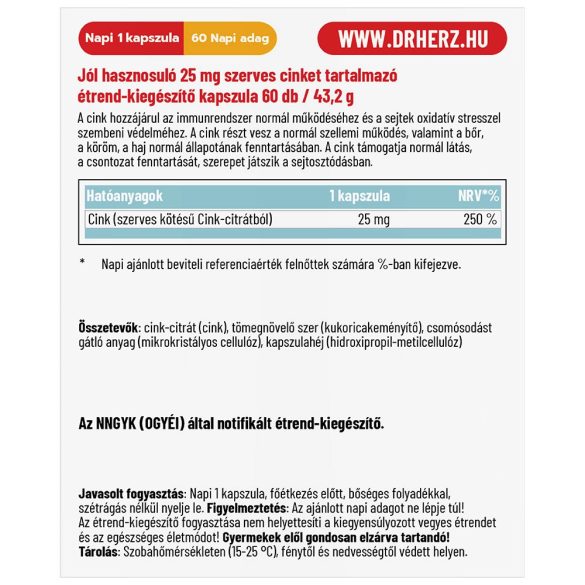 Dr. Herz Szerves Cink 25 mg 60db